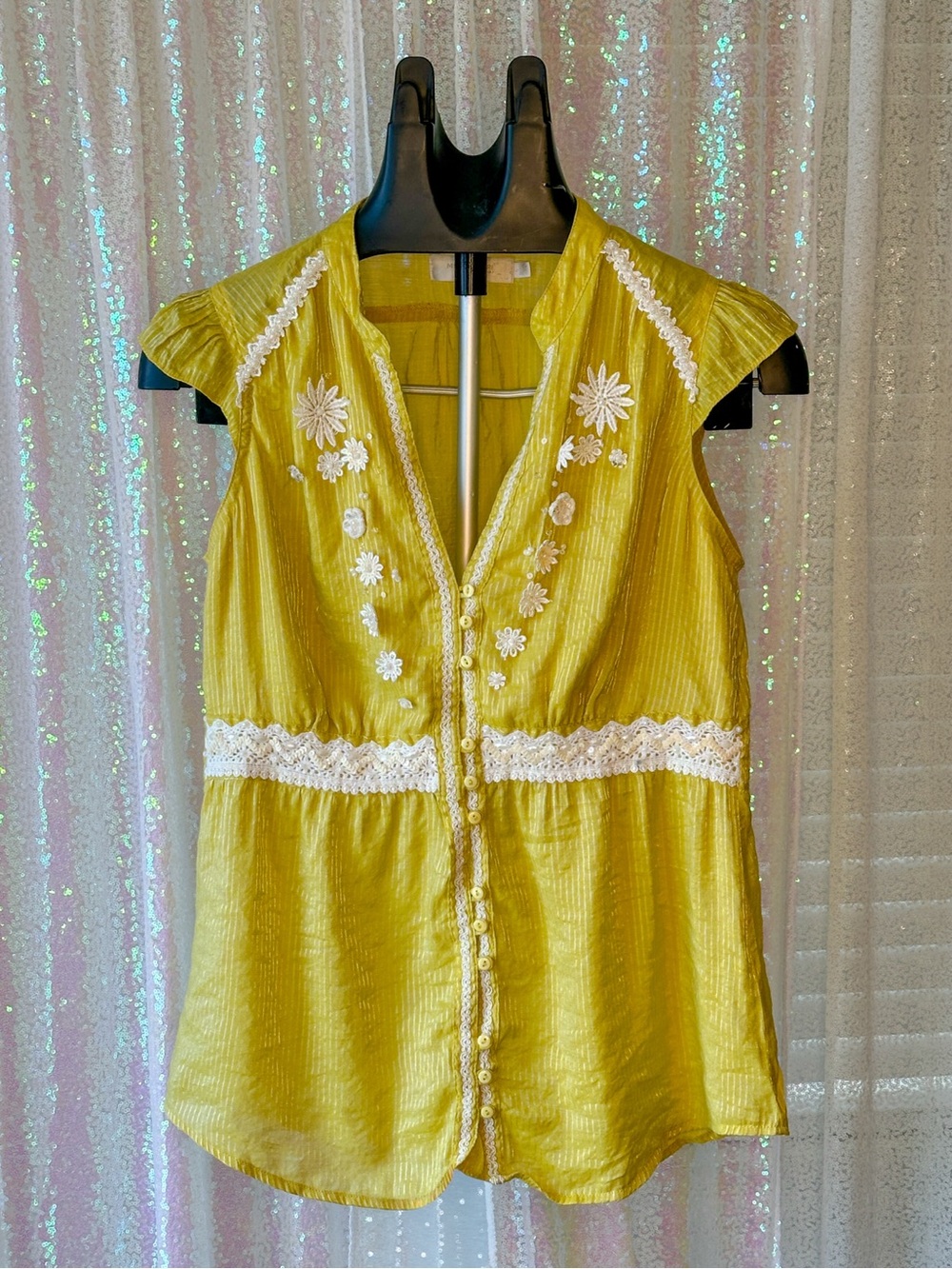 MM Couture by Miss Me Yellow Embroidered Lace-Trim Button Front Blouse Size L